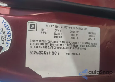 2000 Buick Century Custom from USA, damaged, VIN 2G4WS52J2Y1138819